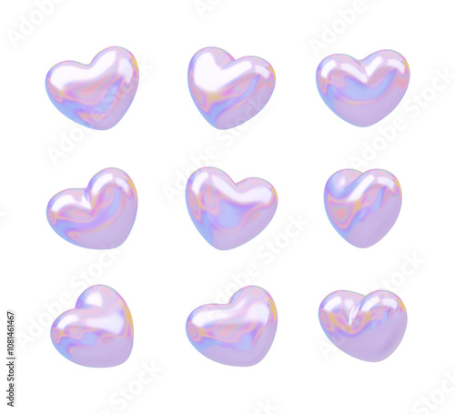 3D holo heart in different color. Holographic vector Valentines day symbol in different view. Realistic romantic symbol in various angles. Chrome love icons isolated on a white. Love concept