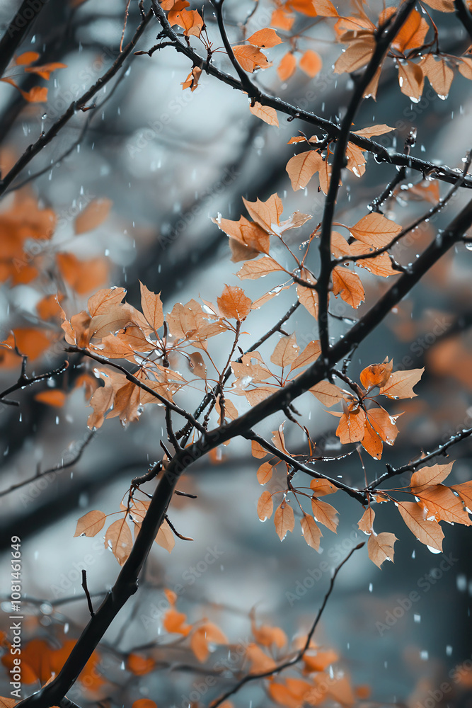 Beautiful Autumn Leaves with Raindrops on Branches Against a Soft Blue Background in a Serene Forest Setting Capturing the Essence of Nature's Transition Beautiful Autumn Leaves with Raindrops on Branches Against a Soft Blue Background in a Serene Forest Setting Capturing the Essence of Nature's Transition
