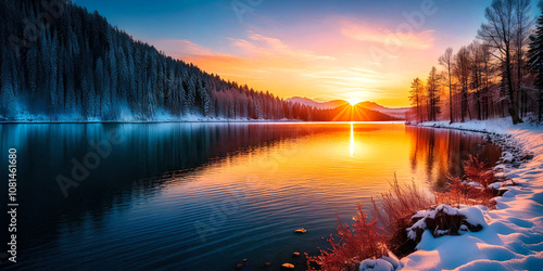 sunrise in winter view on serene lakeside realistic illustration