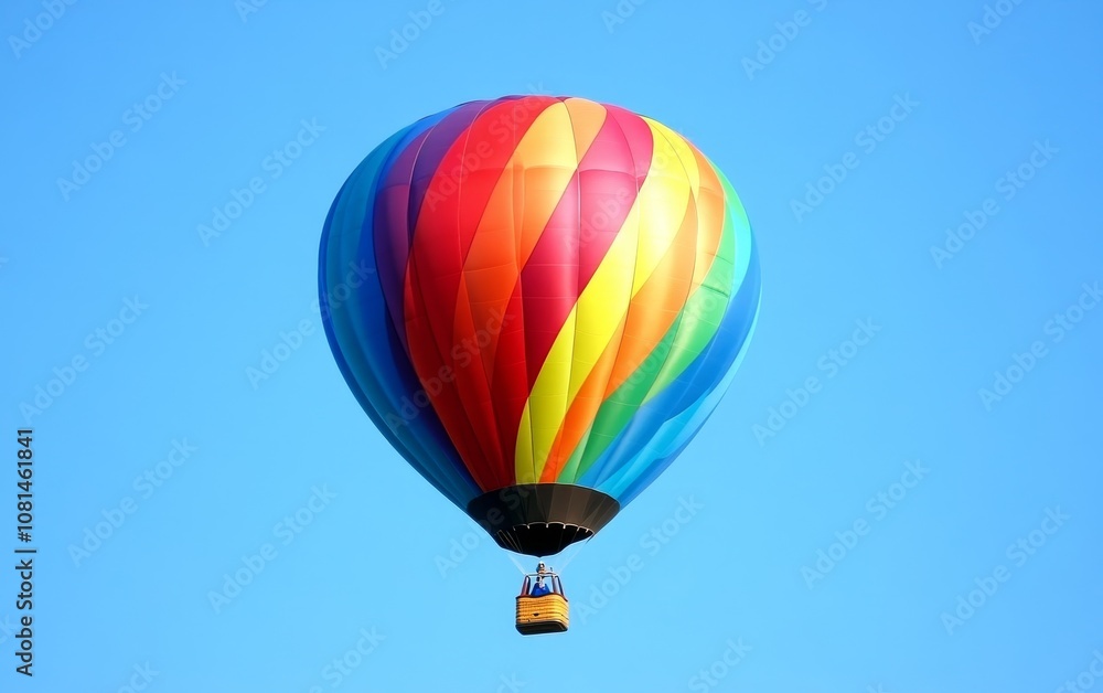 Naklejka premium A colorful hot air balloon soaring against a clear blue sky.