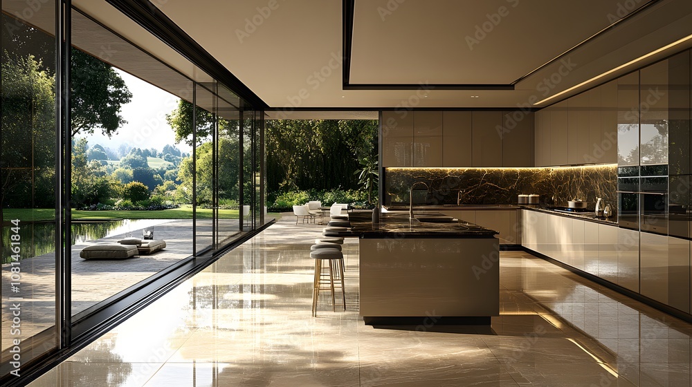 Modern beige kitchen with a spacious island bar counter, polished surfaces, and high-end appliances in an airy open space Modern beige kitchen with a spacious island bar counter, polished surfaces, and high-end appliances in an airy open space