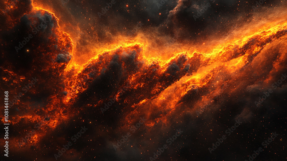 A fiery nebula swirls through space, with a mix of orange and dark gray hues. A fiery nebula swirls through space, with a mix of orange and dark gray hues.