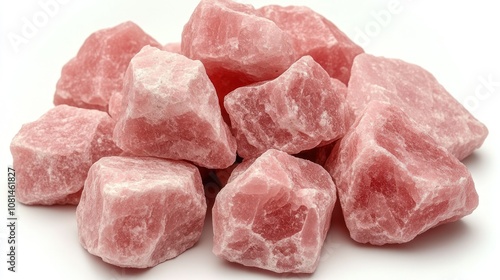 A pile of pink rose quartz crystals on a white background.