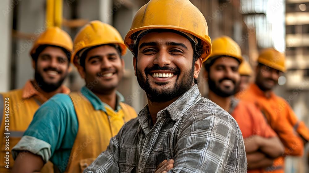 Smiling Construction Workers in Yellow Hard Hats Pose Confidently on Job Site, Teamwork in Progress Smiling Construction Workers in Yellow Hard Hats Pose Confidently on Job Site, Teamwork in Progress