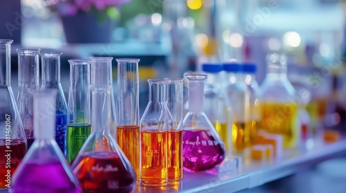 Various glassware for medical experimentation, biotechnology, and pharmaceutical research, such as flasks and beakers, liquid tube equipment, and bioscience laboratory research equipment.