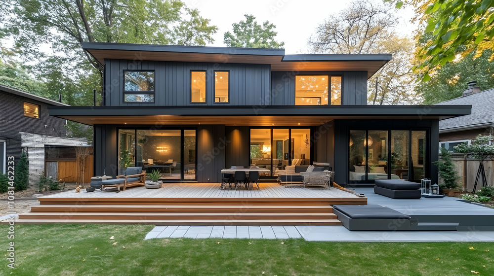Modern Dark-Gray House with Warmly Lit Interior and Spacious Wooden Deck at Dusk Modern Dark-Gray House with Warmly Lit Interior and Spacious Wooden Deck at Dusk