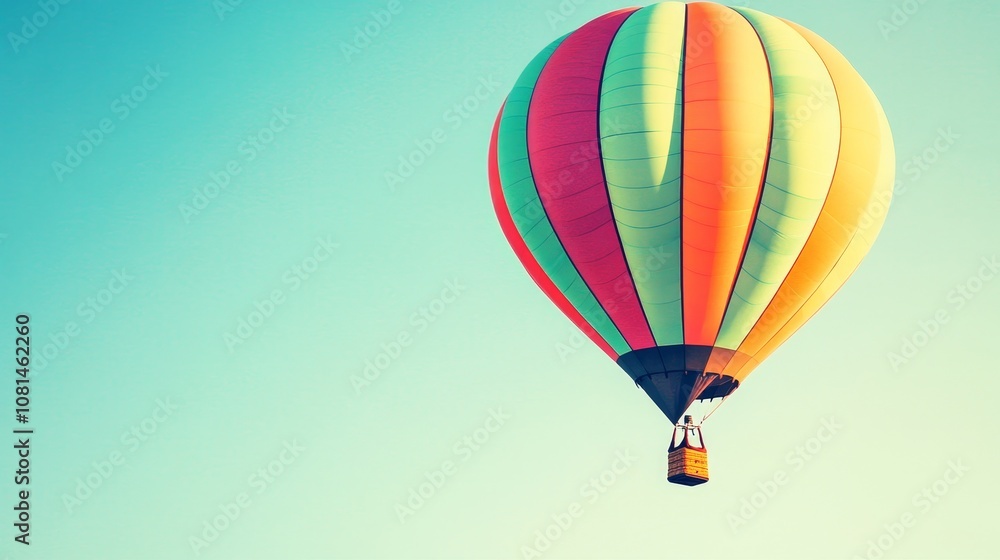Obraz premium A colorful hot air balloon soaring against a clear blue sky.