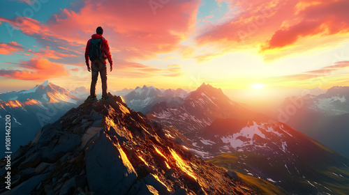 Hiker Contemplates Majestic Sunset Over Dramatic Mountain Range, Achieving Peak Success in Breathtaking Scenery