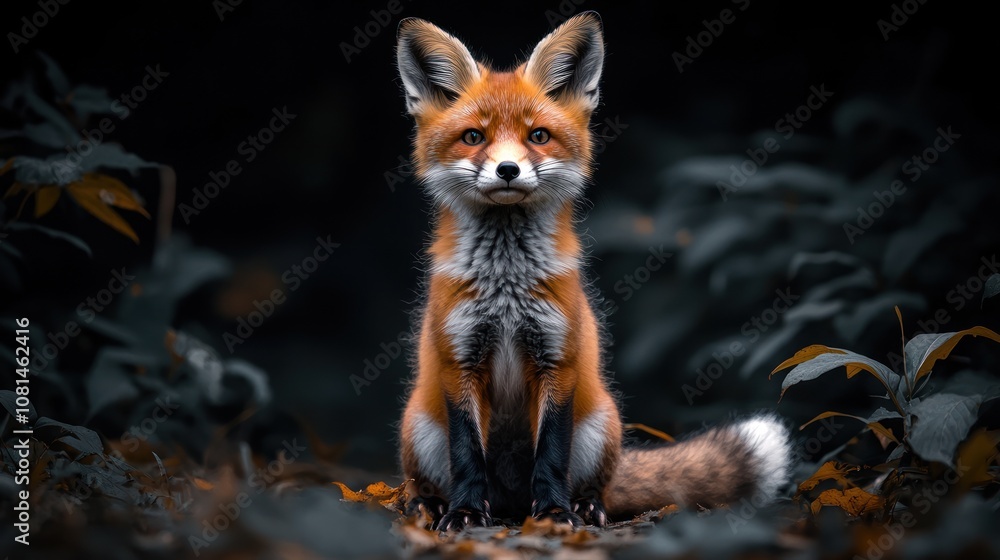 A red fox sits in a dark forest, looking directly at the camera. A red fox sits in a dark forest, looking directly at the camera.