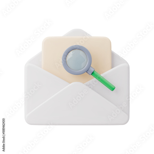 3D white open envelope with paper sheet and magnifying glass. Search, discovery, research concept. Realistic email notification with magnifier vector illustration isolated on white