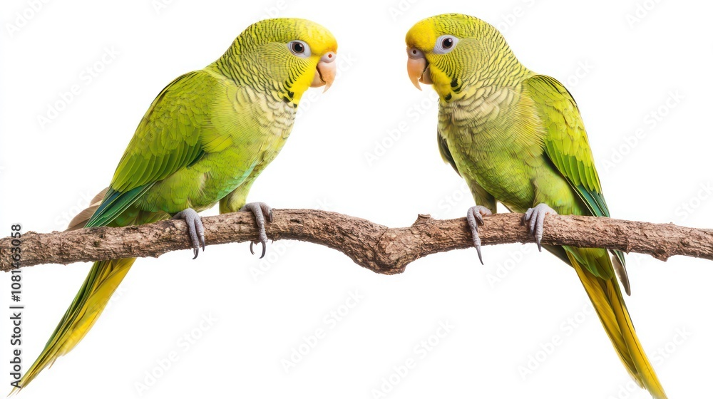 Fototapeta premium Two green parakeets on a branch isolated on white background