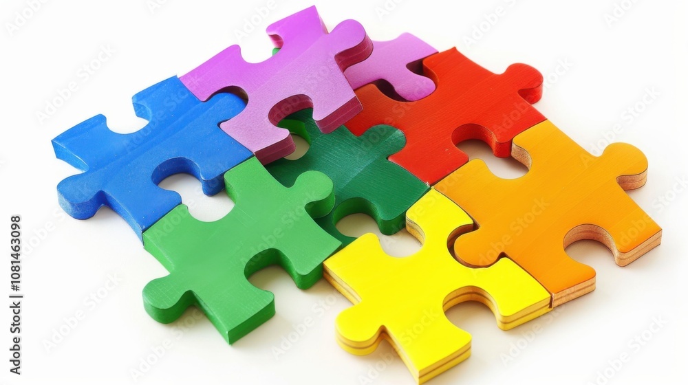 A conceptual image of puzzle pieces of different colors fitting together seamlessly on a white background, Signifying integration and unity, photography style A conceptual image of puzzle pieces of different colors fitting together seamlessly on a white background, Signifying integration and unity, photography style