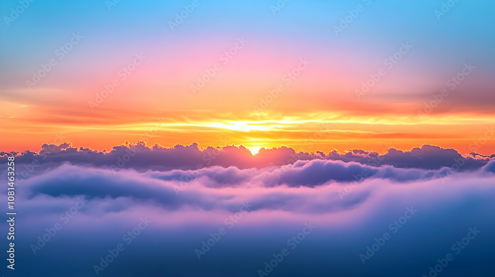Vibrant Sunset Above a Sea of Clouds: A Breathtaking Aerial View of Colorful Sky and Cloudscape at Dawn Vibrant Sunset Above a Sea of Clouds: A Breathtaking Aerial View of Colorful Sky and Cloudscape at Dawn