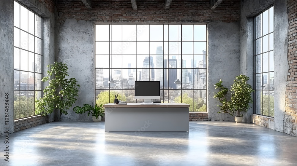 Clean and open office layout with computer screen on desk, blank wall on right, minimalist decor, 3D rendering, high-quality Clean and open office layout with computer screen on desk, blank wall on right, minimalist decor, 3D rendering, high-quality