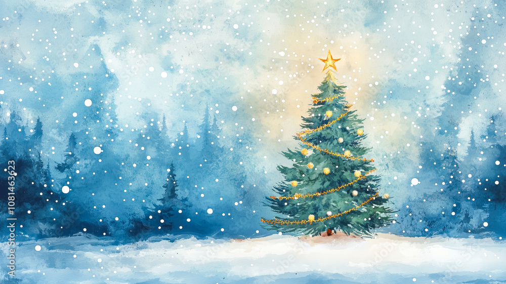 Watercolor Christmas card with pine tree on a snowy evening background and copy space. Nostalgic 1930s holiday atmosphere Watercolor Christmas card with pine tree on a snowy evening background and copy space. Nostalgic 1930s holiday atmosphere