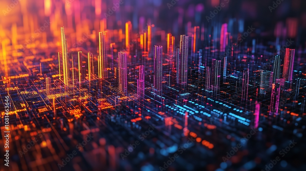 A futuristic cityscape with glowing elements on a digital grid. A futuristic cityscape with glowing elements on a digital grid.