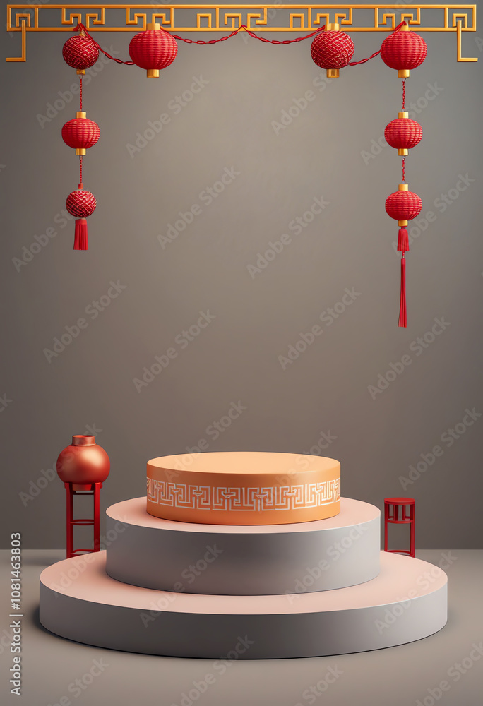 Chinese New Year style pedestal stand product platform mockup for product showcase display Chinese New Year style pedestal stand product platform mockup for product showcase display