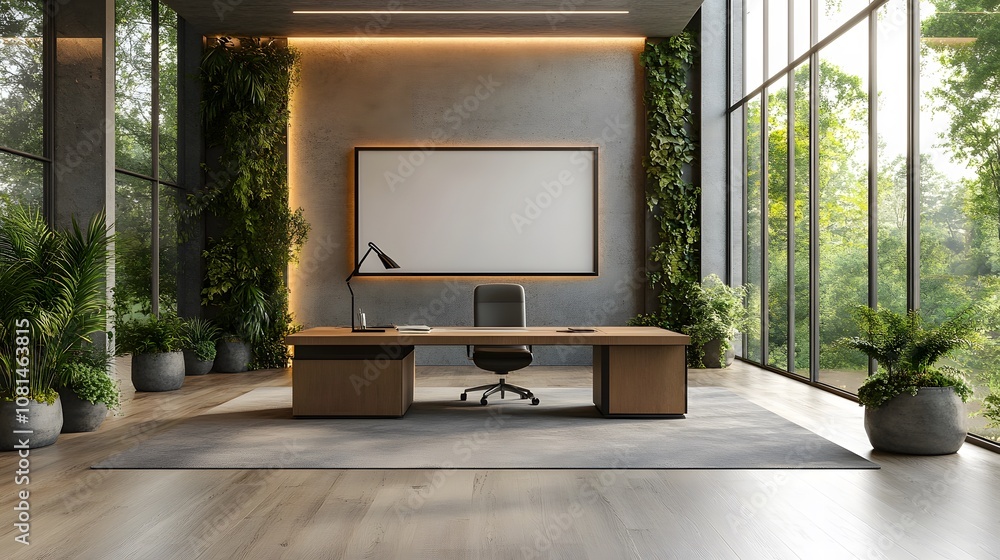 Modern minimalist office with computer screen on desk, blank wall on right side, spacious open design, 3D rendering Modern minimalist office with computer screen on desk, blank wall on right side, spacious open design, 3D rendering