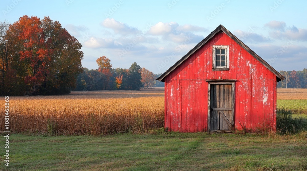 A rustic red barn amidst a golden field and autumn foliage. A rustic red barn amidst a golden field and autumn foliage.
