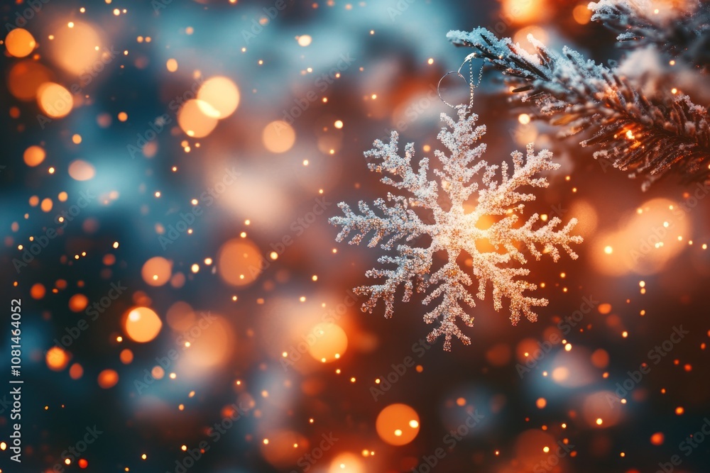 A frosted snowflake ornament hangs from a pine branch, illuminated by warm string lights against a bokeh backdrop. A frosted snowflake ornament hangs from a pine branch, illuminated by warm string lights against a bokeh backdrop.