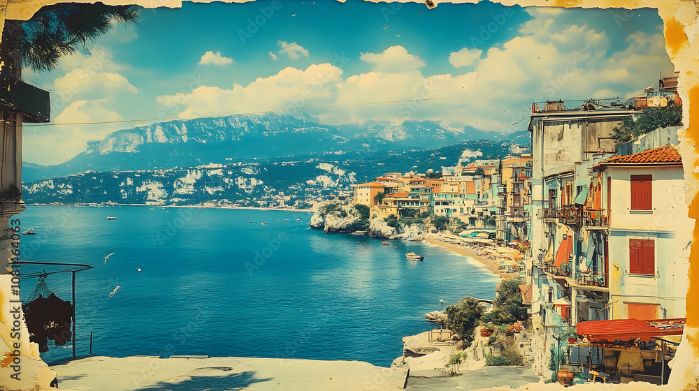 Fototapeta premium Coastal Town Nestled Against Mountains in Vintage Style Illustration