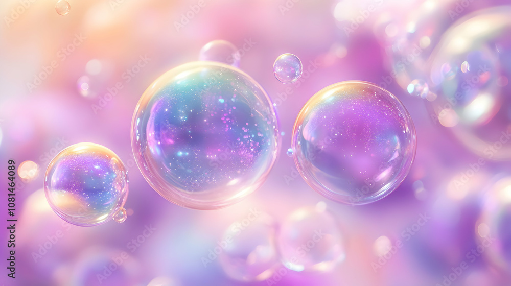 Iridescent Bubbles Float in a Dreamlike Purple and Pink Abstract Background, Shimmering with Inner Light and Sparkle Iridescent Bubbles Float in a Dreamlike Purple and Pink Abstract Background, Shimmering with Inner Light and Sparkle