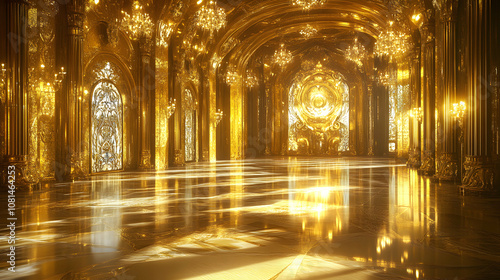 Golden Palace Hall: A 3D Render of an Ornate, Luxurious Ballroom with Reflective Floor and Glowing Lights