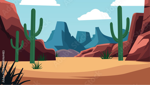American Desert Landscape with Rocky Cliff Mountain and Cactus in Bright Sky
