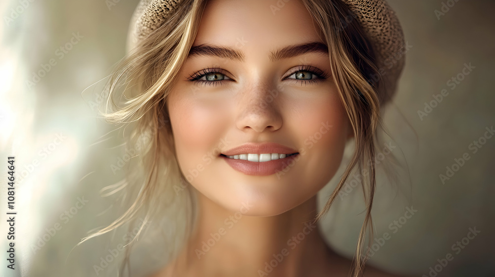 Φωτογραφία Close-up Portrait of a Woman with Blonde Hair, Smiling Gently, Wearing a Straw H