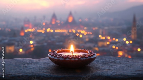 A single lit diya candle with a cityscape at sunset in the background. photo