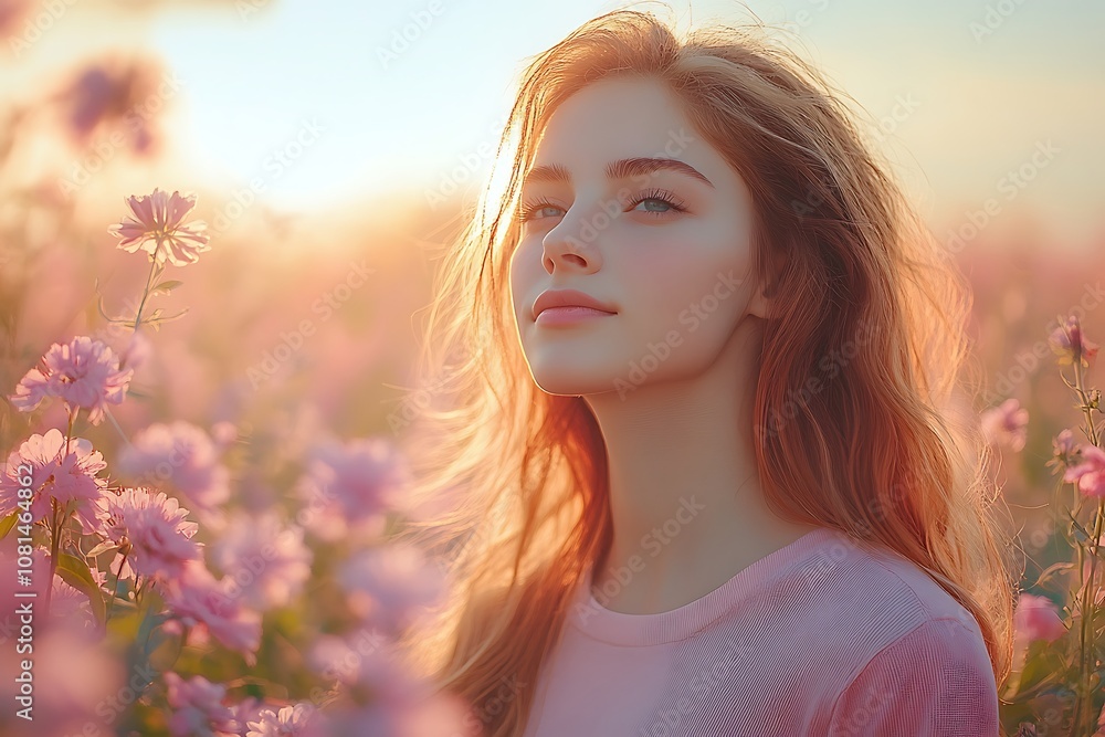 Beautiful woman in a field of flowers with the sun shining on her face. Concept of beauty, nature, happiness, and freedom. Beautiful woman in a field of flowers with the sun shining on her face. Concept of beauty, nature, happiness, and freedom.