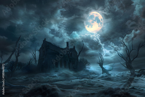 Dread Sobriety: Dusk of Nightmare - Gloomy Landscape with Haunted House under Full Moon photo