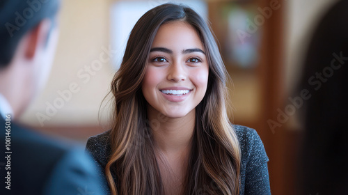 Hispanic business woman talking to colleagues at a meeting or job interview