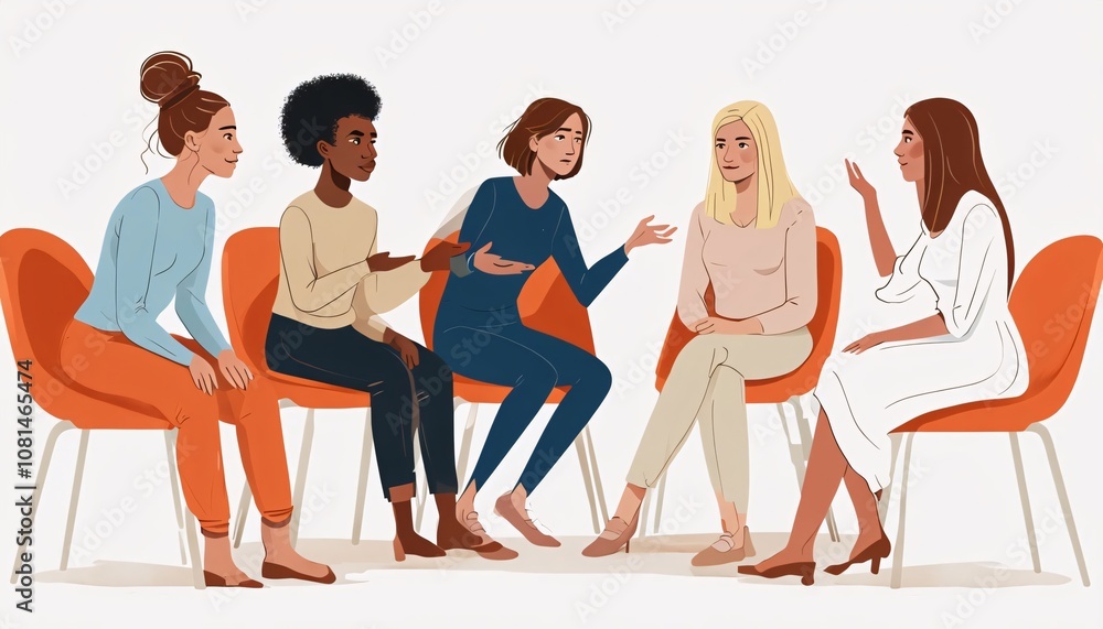 Obraz premium Support group, therapy session, group therapy, counseling, discussion circle, mental health, community support, sharing circle, dialogue, conversation, diverse group, inclusivity, communication, activ