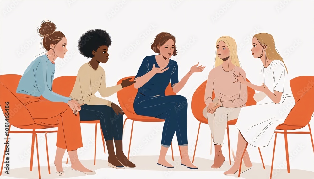Obraz premium Support group, therapy session, group therapy, counseling, discussion circle, mental health, community support, sharing circle, dialogue, conversation, diverse group, inclusivity, communication, activ