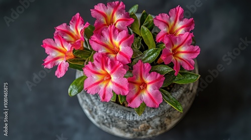 Wallpaper Mural Beautiful vibrant pink flowers with yellow centers in a decorative pot showcasing natural elegance and intricate petal details against a dark background Torontodigital.ca