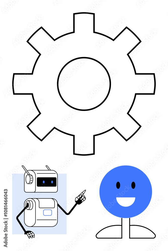 Gear robot pointing and happy face with various expressions. Ideal for technology, automation, engineering, electronics, robotics, user interaction, happiness, innovation. Line metaphor Gear robot pointing and happy face with various expressions. Ideal for technology, automation, engineering, electronics, robotics, user interaction, happiness, innovation. Line metaphor