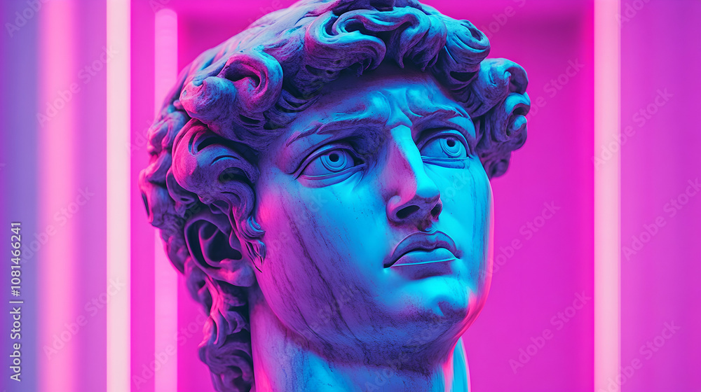 Neon-lit Classical Sculpture Head: A 3D Digital Art Piece with Vivid Pink and Blue Hues Neon-lit Classical Sculpture Head: A 3D Digital Art Piece with Vivid Pink and Blue Hues