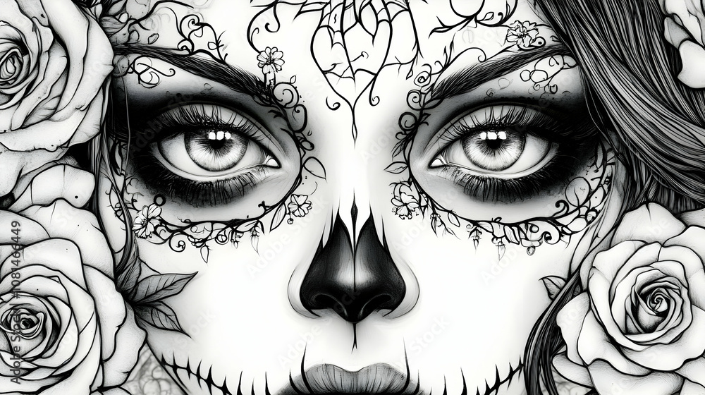 Obraz premium Intricate Monochrome Drawing of Calavera Catrina with Roses