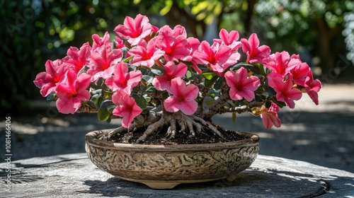Wallpaper Mural Beautiful azalea bonsai with vibrant pink flowers in a decorative pot, showcasing intricate root structure and elegance in a serene outdoor garden setting Torontodigital.ca
