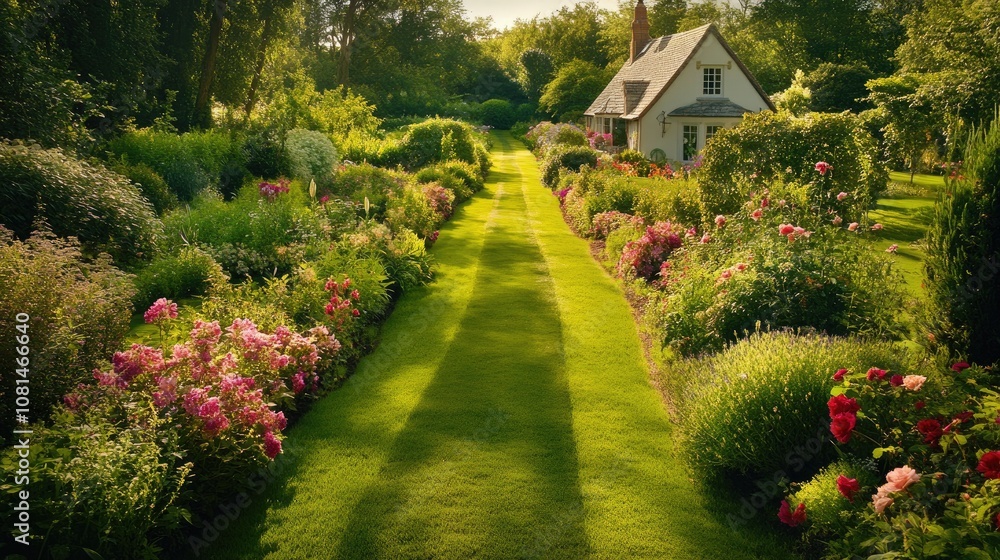 Obraz premium Picturesque Garden Pathway Surrounded by Lush Greenery and Vibrant Flowers Leading to a Cozy Cottage Under a Clear Blue Sky in a Tranquil Landscape