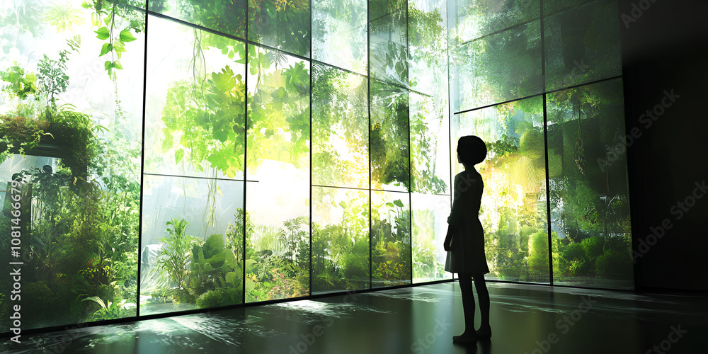 Fototapeta premium Girl Gazing at Lush Greenery Through Glass Panels 