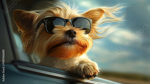 Wallpaper Mural A Yorkshire Terrier Dog Wearing Sunglasses Peers Out of a Car Window on a Windy Day, Digital Illustration Torontodigital.ca