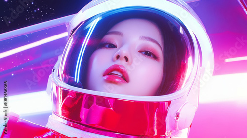 Young woman asian lady girl wearing astronaut spacesuit in space with universe planet pink purple background. futuristic cyberpunk virtual reality cyberspace dreamy cool fashion wallpaper photo