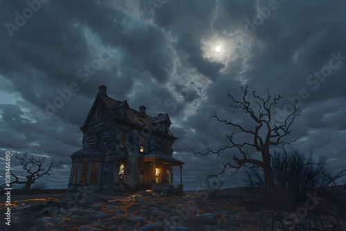 Dread Sobriety: Dusk of Nightmare - Gloomy Landscape with Haunted House under Full Moon photo