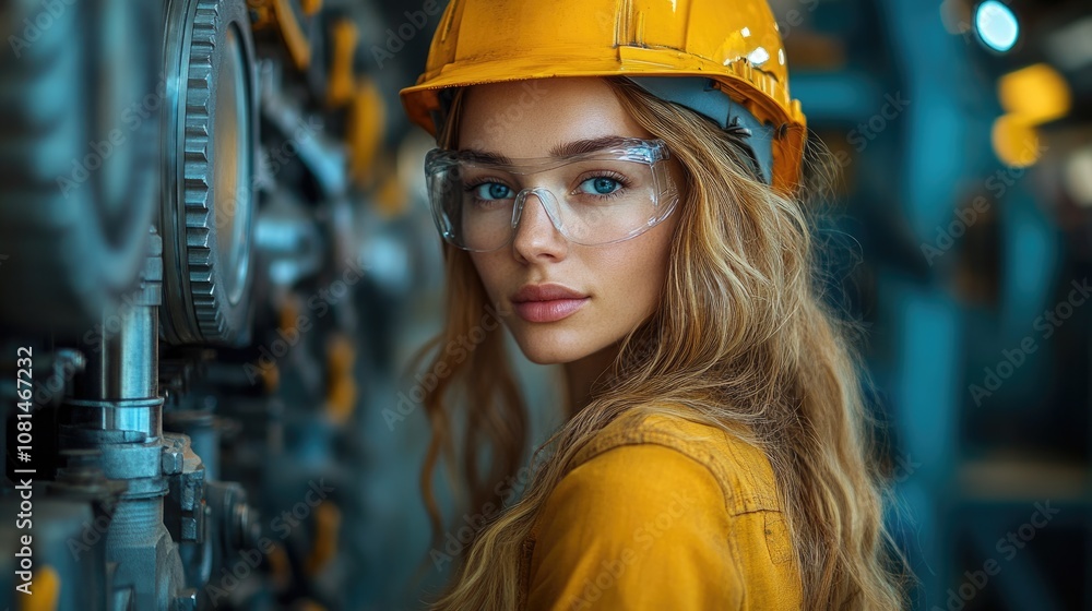 Industrial strength: portrait of a girl worker in factory, highlighting determination and focus, capturing essence of resilience and hard work in industrial setting. Industrial strength: portrait of a girl worker in factory, highlighting determination and focus, capturing essence of resilience and hard work in industrial setting.