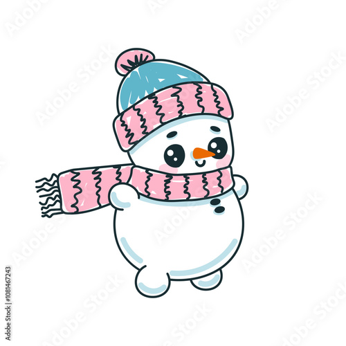 Hand drawn cute snowman with hat and scarf. Vector illustration on white background.