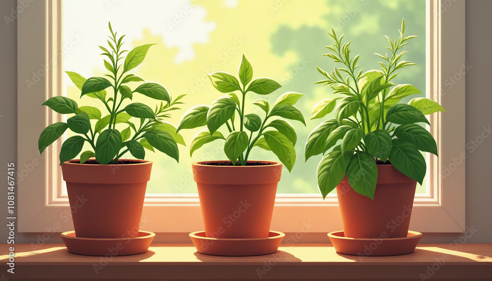 Three potted green plants on a windowsill with warm sunlight streaming in Three potted green plants on a windowsill with warm sunlight streaming in