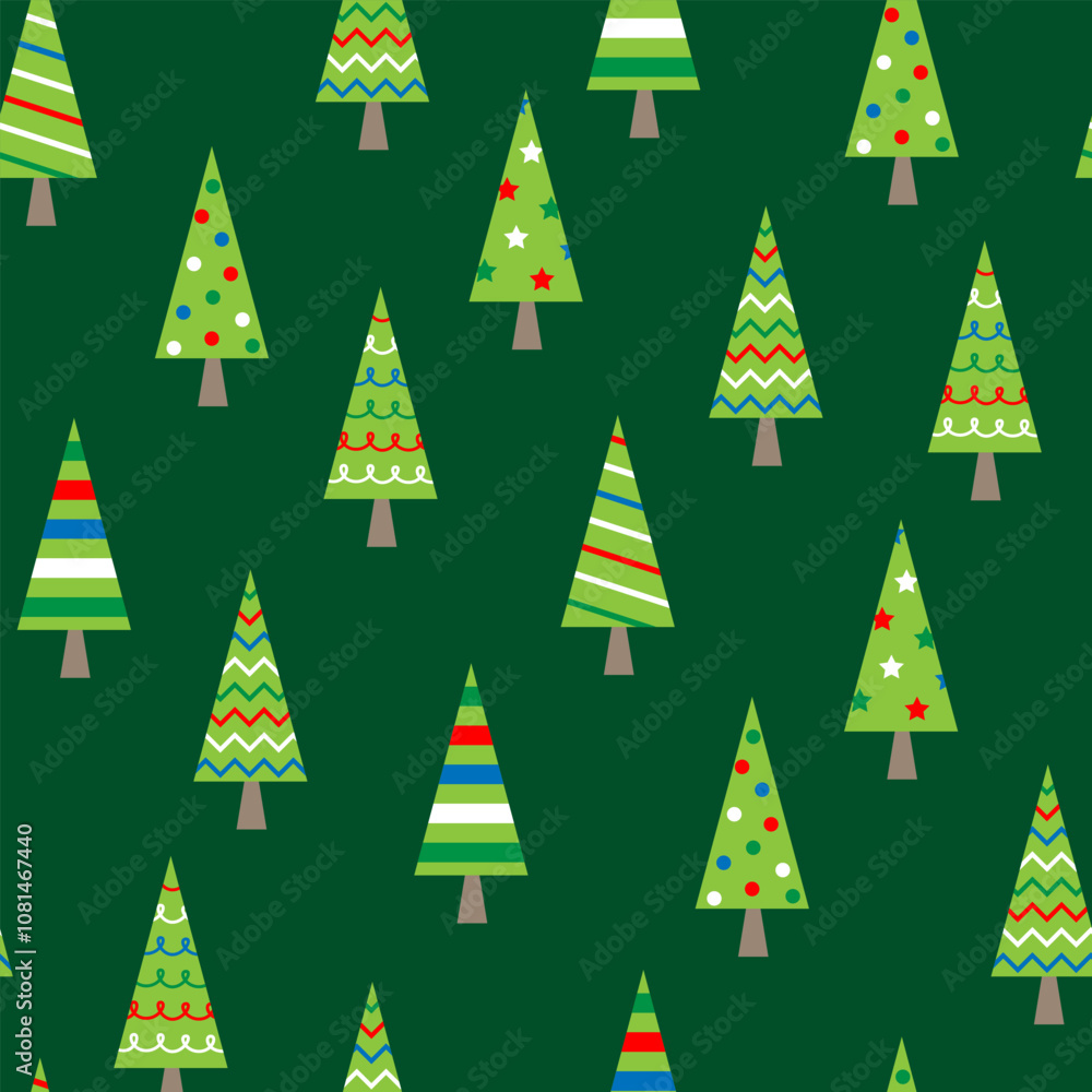 Christmas seamless pattern green Christmas trees adorned with colorful ornaments, stripes, stars, and zigzags perfect for holiday themed backgrounds, greeting cards, gift wrap and festive designs. Christmas seamless pattern green Christmas trees adorned with colorful ornaments, stripes, stars, and zigzags perfect for holiday themed backgrounds, greeting cards, gift wrap and festive designs.