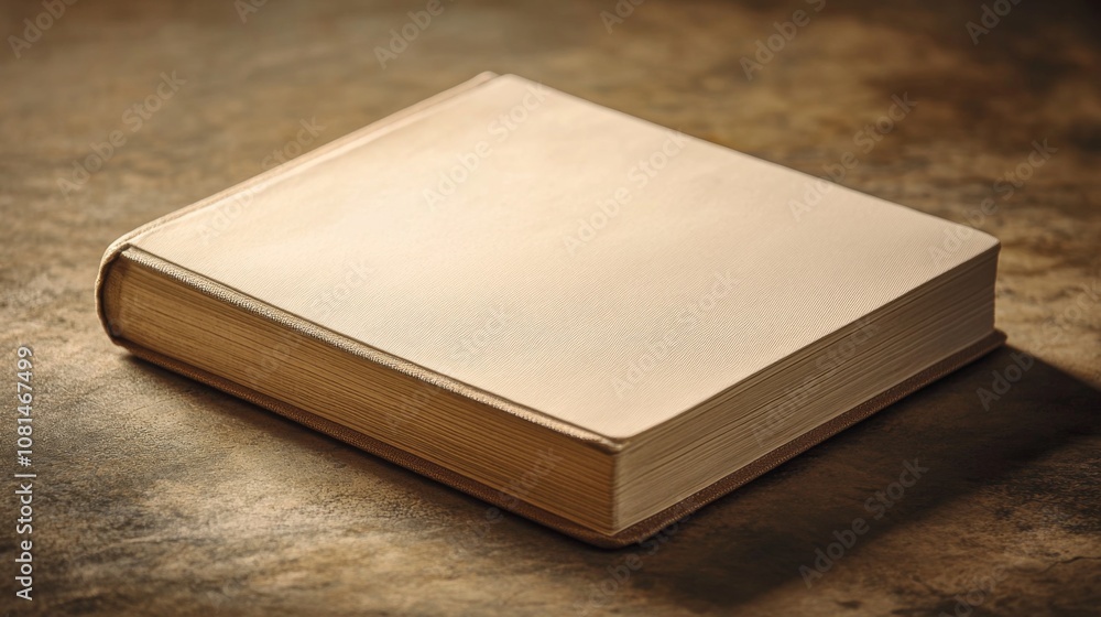 Fototapeta premium A blank, closed book with a worn, cream-colored cover lies on a textured, brown surface.